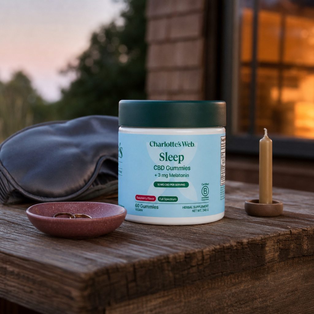 Charlotte's Web Sleep CBD Gummies w/ Melatonin in a wellness lifestyle scene