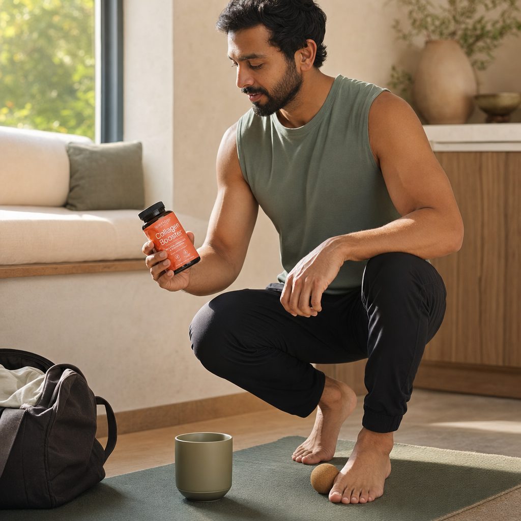 Reserveage Collagen Booster bottle beside a woman in a beauty routine scene