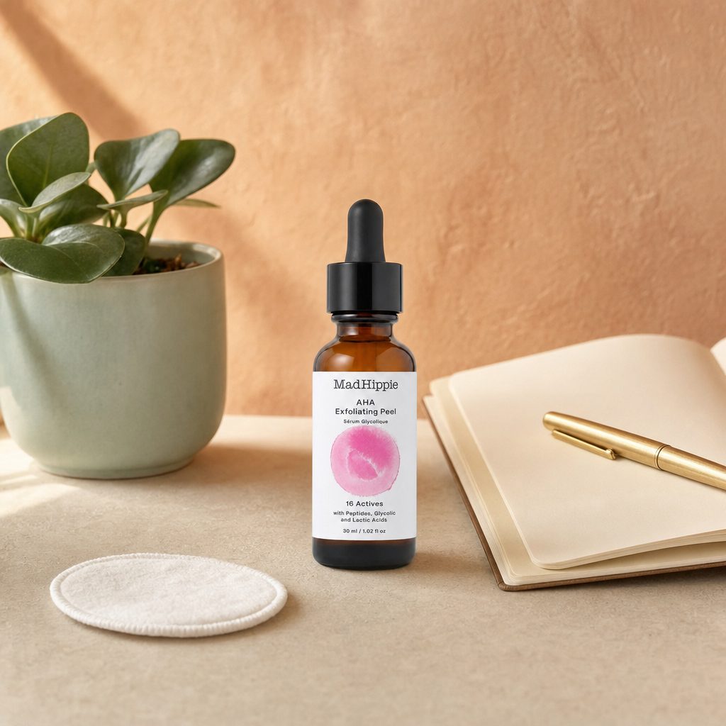 Mad Hippie AHA Exfoliating Peel carton highlighting 16 actives, peptides, glycolic acid, and lactic acid