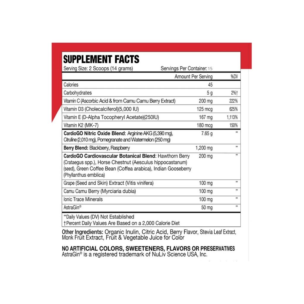 Bionox CardioGO Berry Burst supplement facts panel listing ingredients, dosage, and serving size