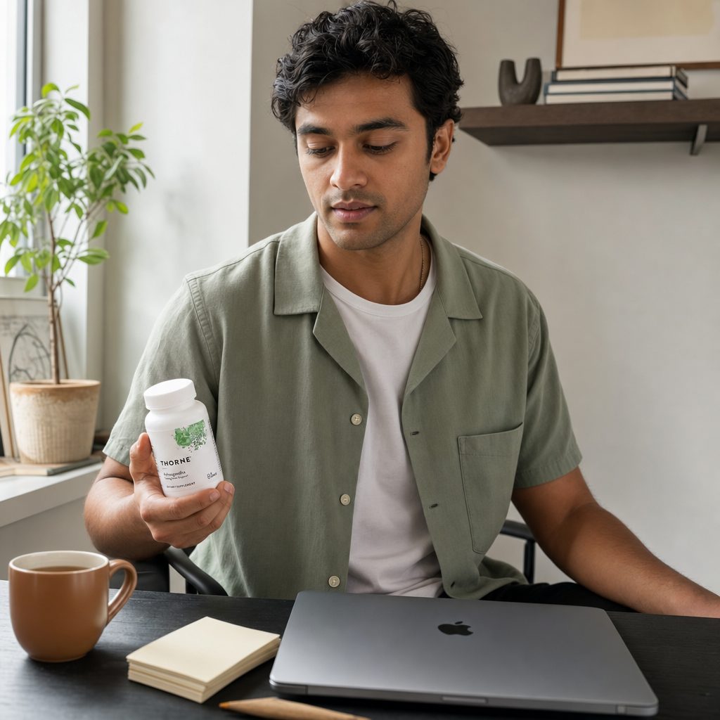 Thorne Ashwagandha 120 mg bottle with daily supplement routine on a desk
