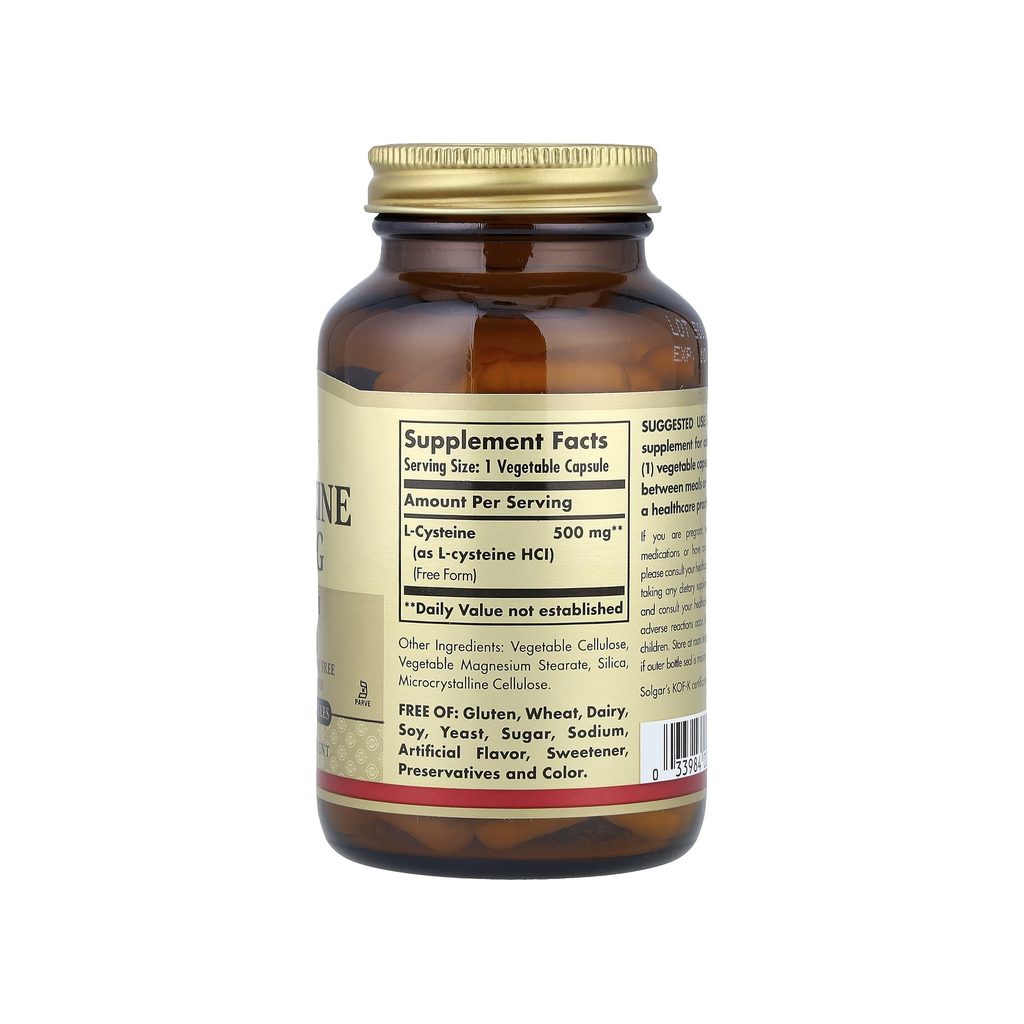 Solgar L-Cysteine 500 mg supplement facts panel listing ingredients, dosage, and serving size