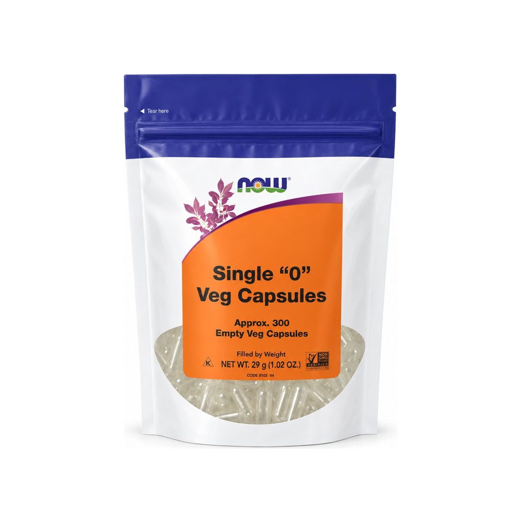 NOW Foods Empty Vegetarian Capsules Size 0 resealable pouch with approximately 300 capsules