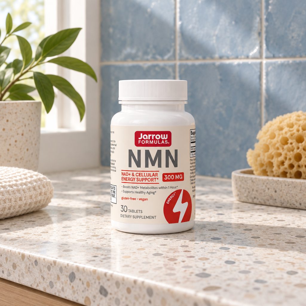 Jarrow Formulas NMN 300 mg bottle on a bathroom counter by a window
