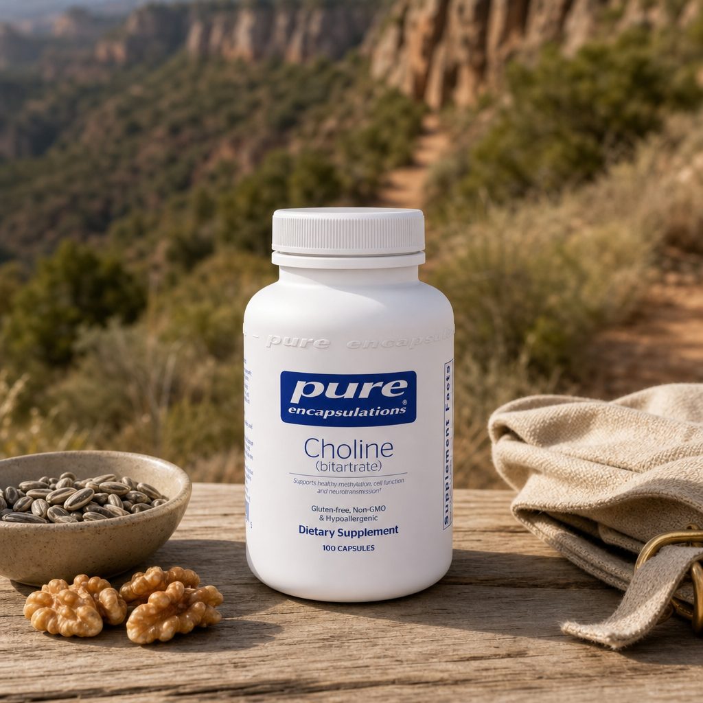 Pure Encapsulations Choline bottle on a kitchen counter beside a breakfast plate