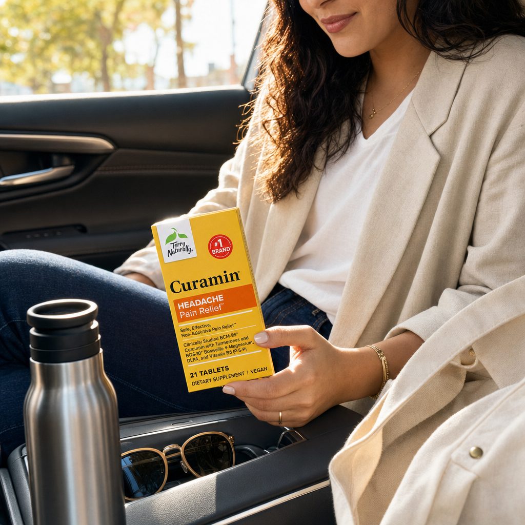 Terry Naturally Curamin Headache Relief package with tablet serving displayed