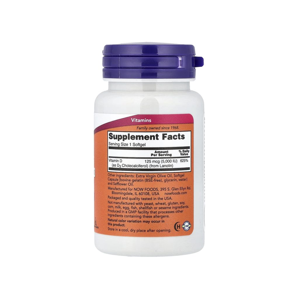 NOW Foods D-3 5000 IU supplement facts panel listing ingredients, dosage, and serving size