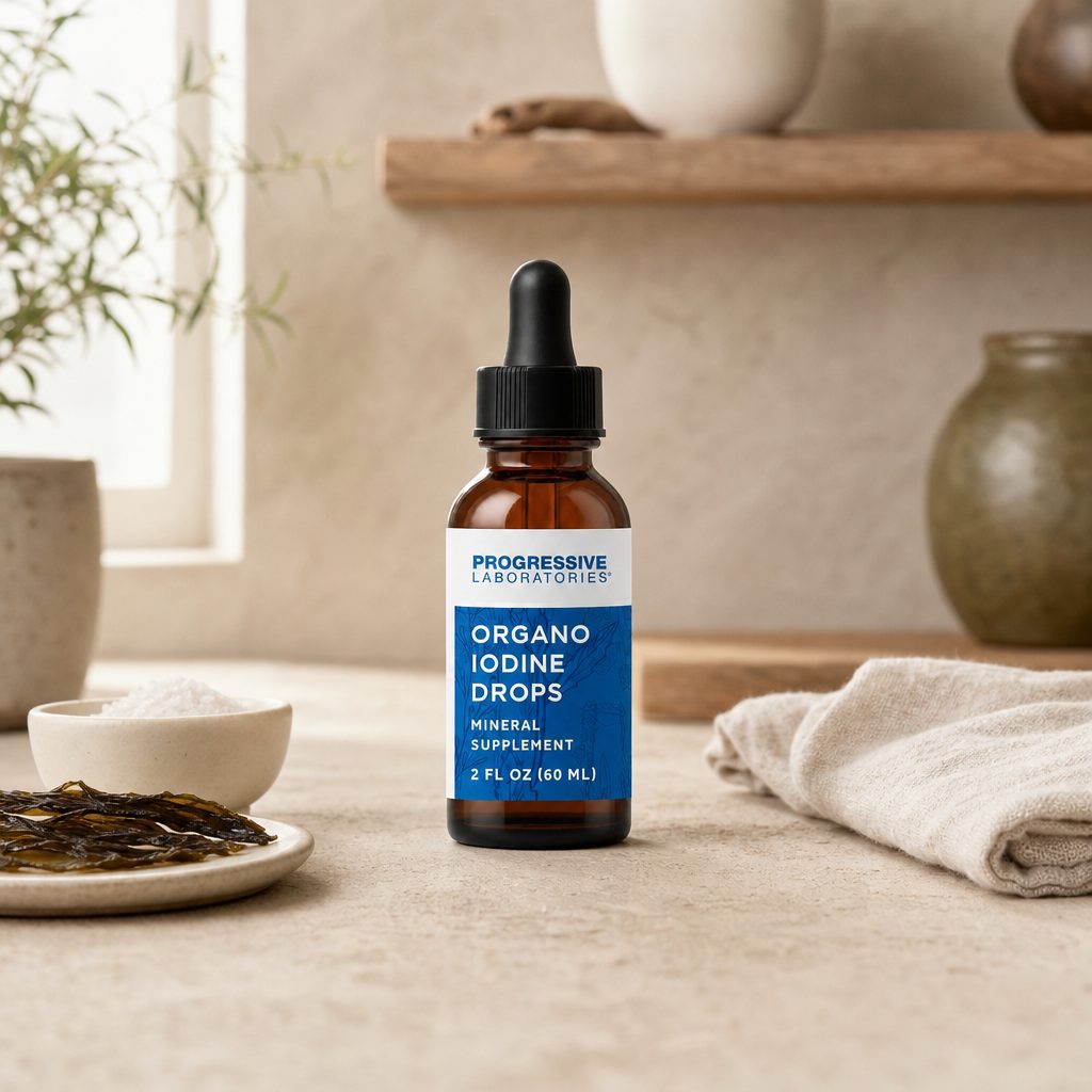 Progressive Labs Organo Iodine Drops bottle showing side label details
