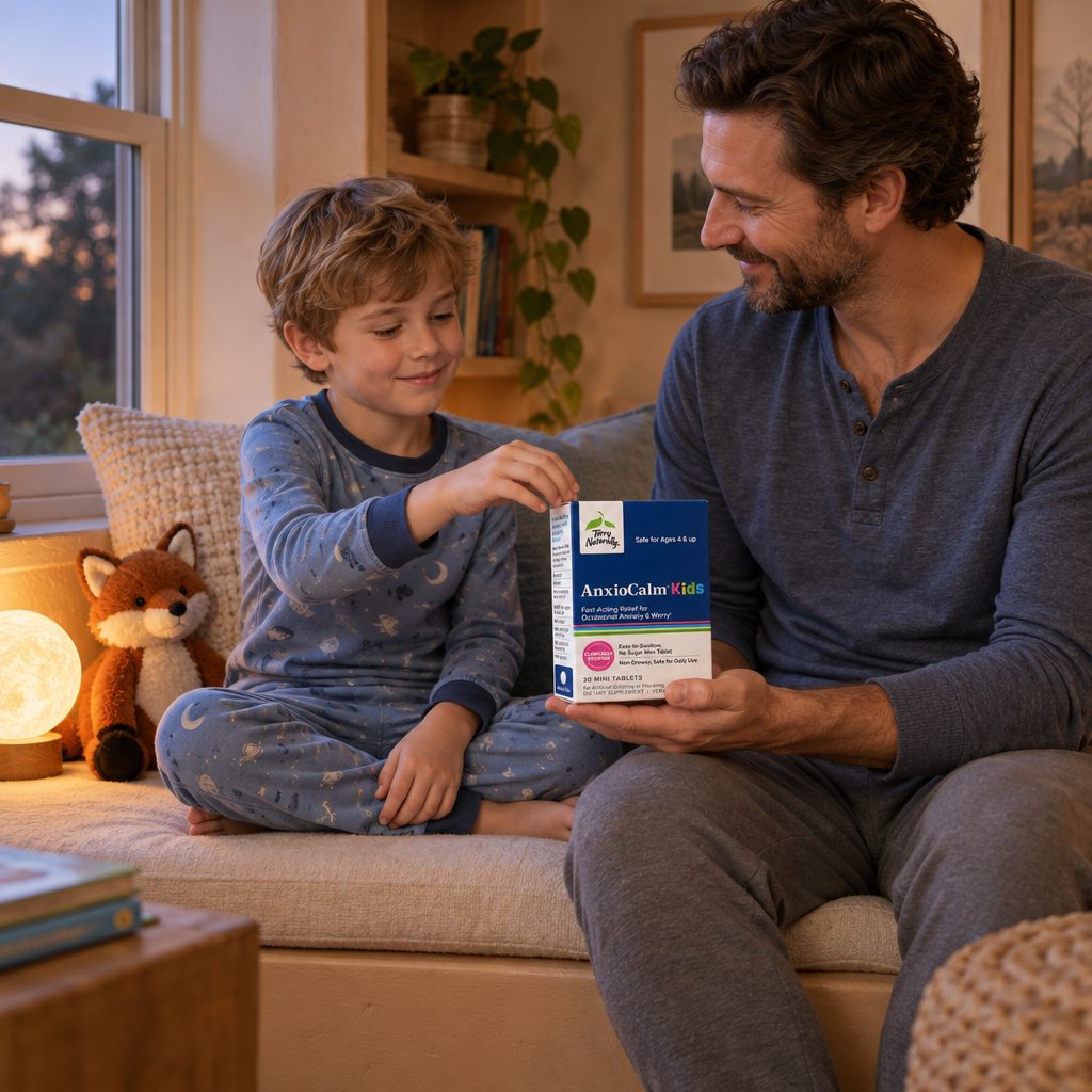 Terry Naturally AnxioCalm Kids box held by a man beside a boy in pajamas on a window seat