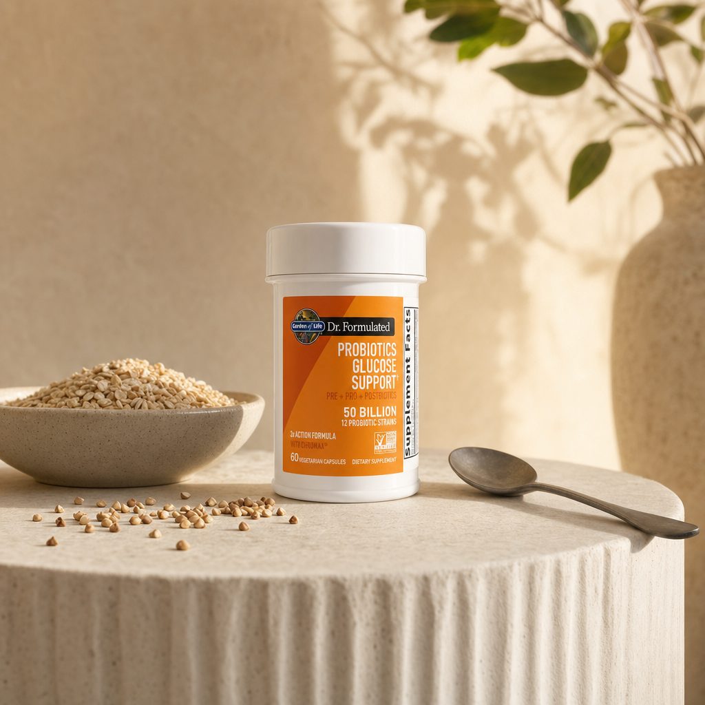 Garden of Life Dr. Formulated Probiotics Glucose Support bottle angled to show side label