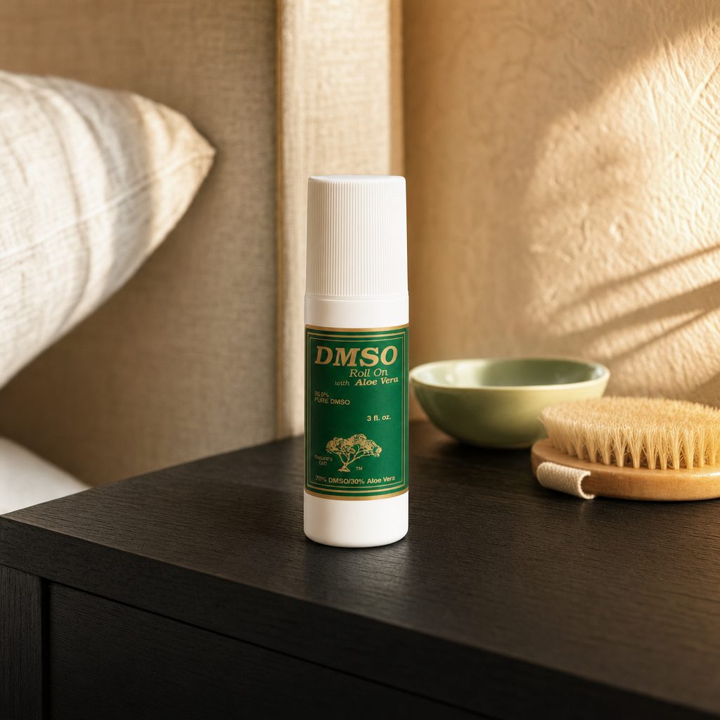 Nature's Gift DMSO 70% Roll-On with Aloe bottle with green label and roll-on cap