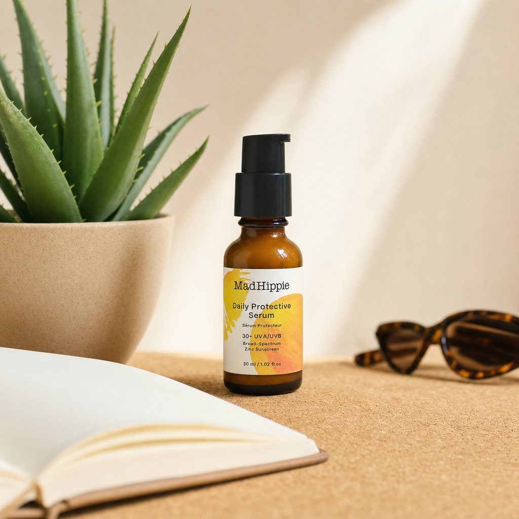 Mad Hippie Daily Protective Serum SPF 30+ bottle on a bright skincare surface