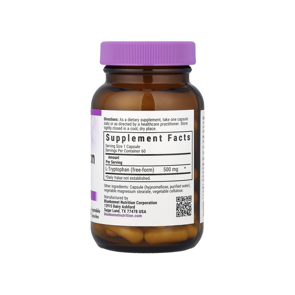 Bluebonnet L-Tryptophan 500 mg supplement facts panel listing ingredients and serving size