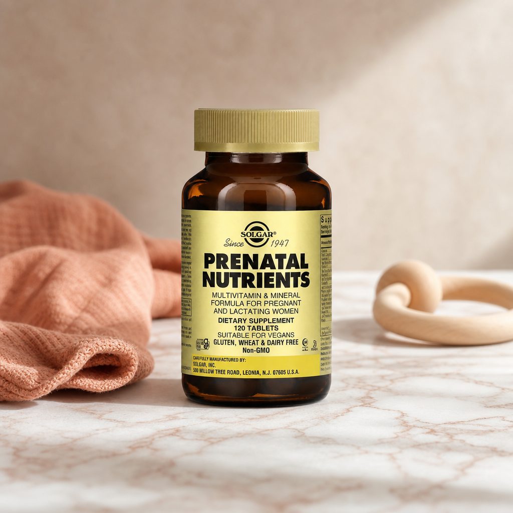 Solgar Prenatal Nutrients Tablets bottle on a clean counter with prenatal essentials