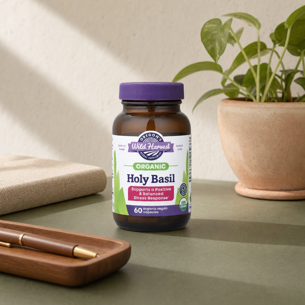 Oregon's Wild Harvest Holy Basil Capsules bottle side panel with organic and non-GMO details