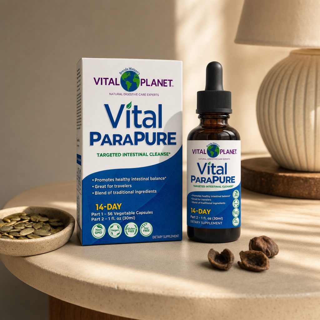 Vital Planet Vital ParaPURE box and bottles shown as a 14-day herbal cleanse kit