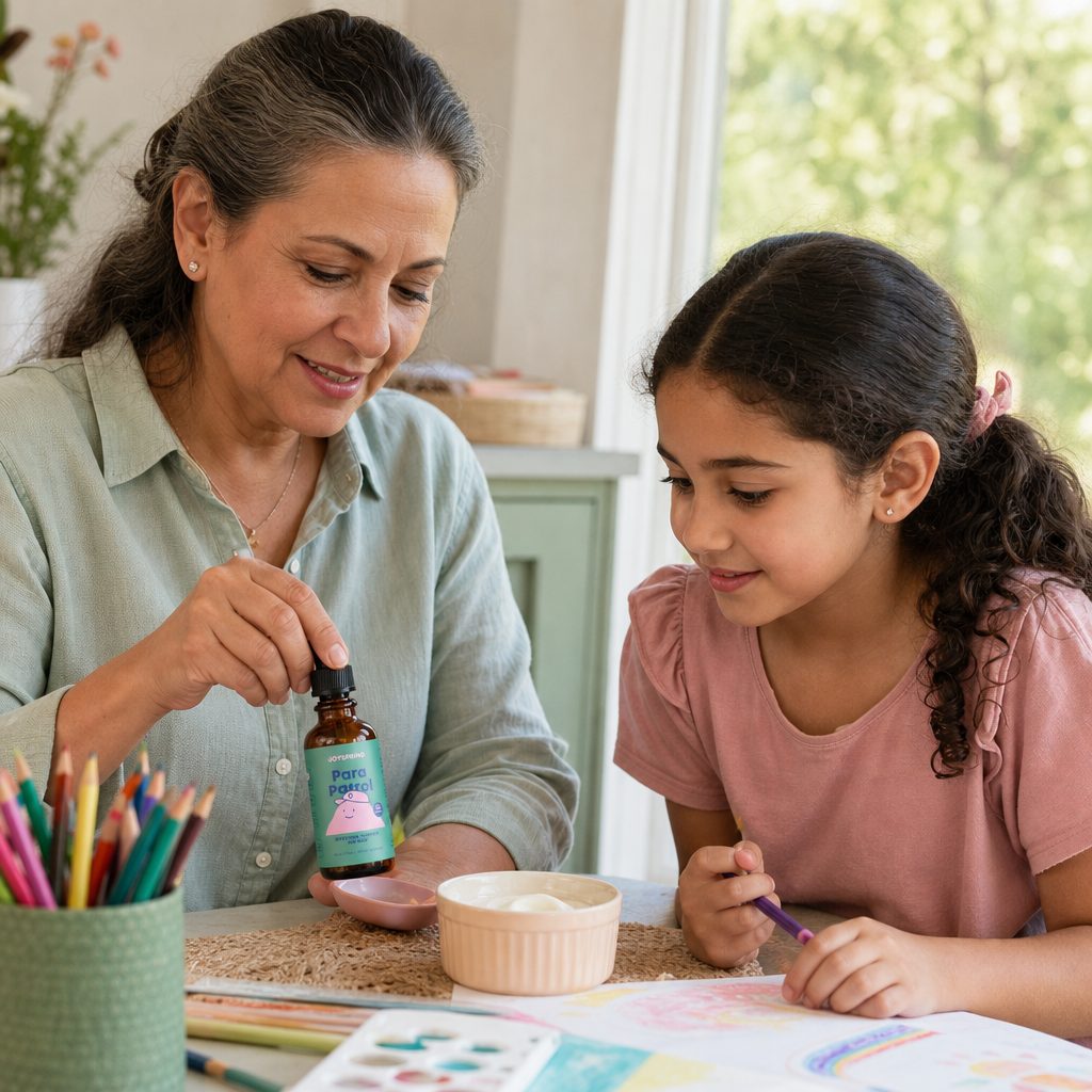 JoySpring ParaPatrol Drops lifestyle scene with bottle, dropper, and kid-friendly serving setup