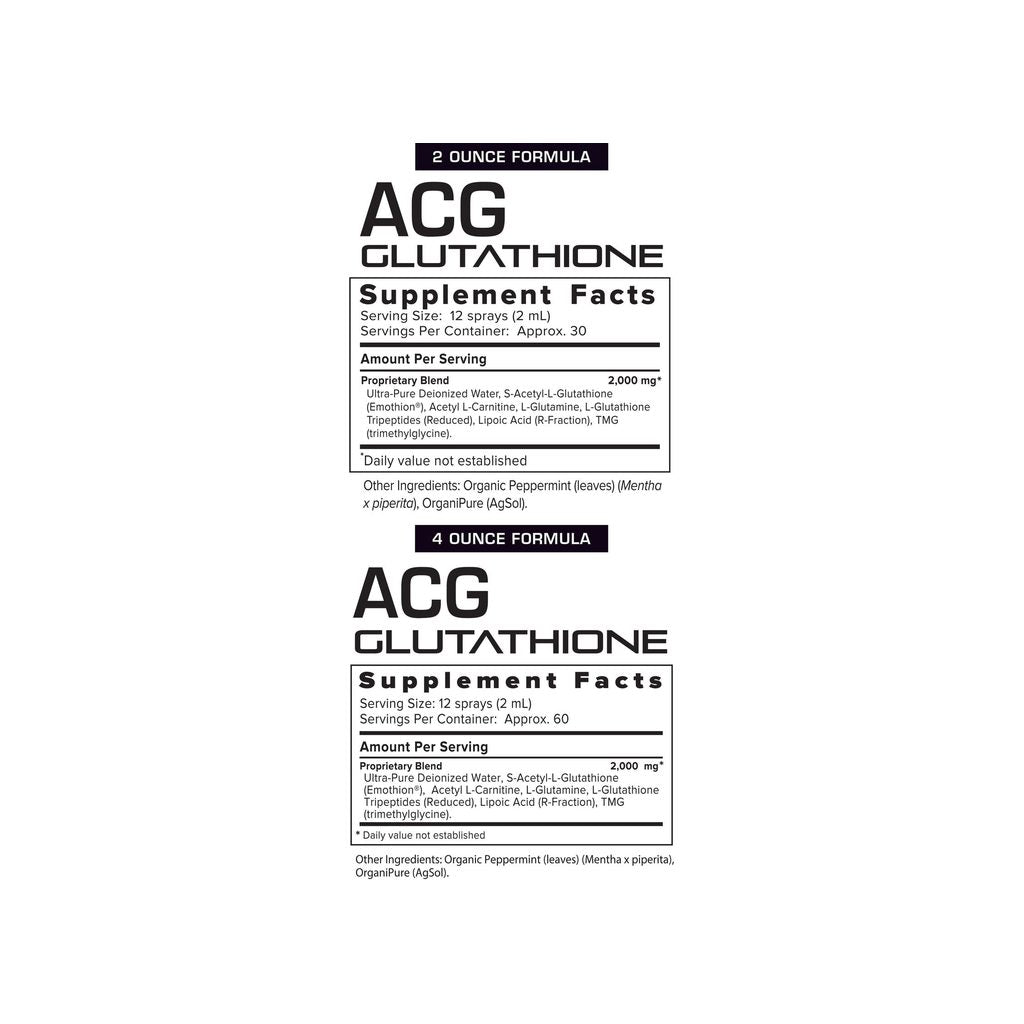 Results RNA ACG Glutathione Extra Strength supplement facts panel listing ingredients and serving size