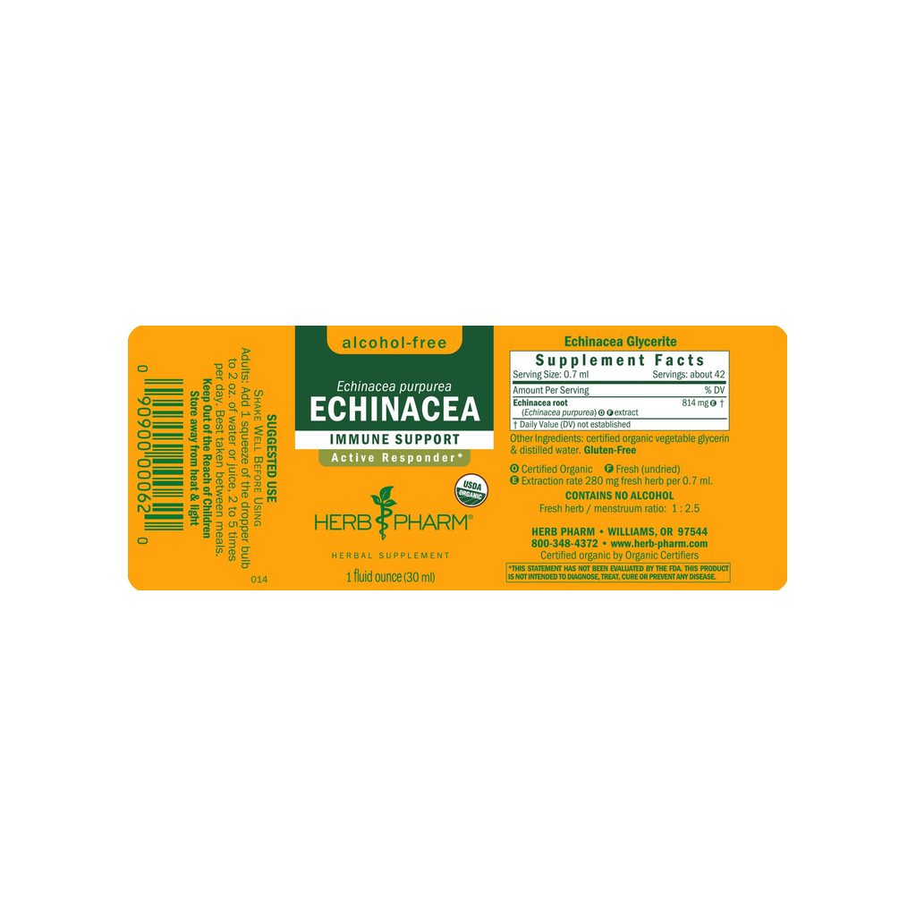 Herb Pharm Echinacea Alcohol-Free supplement facts panel listing ingredients, dosage, and serving size