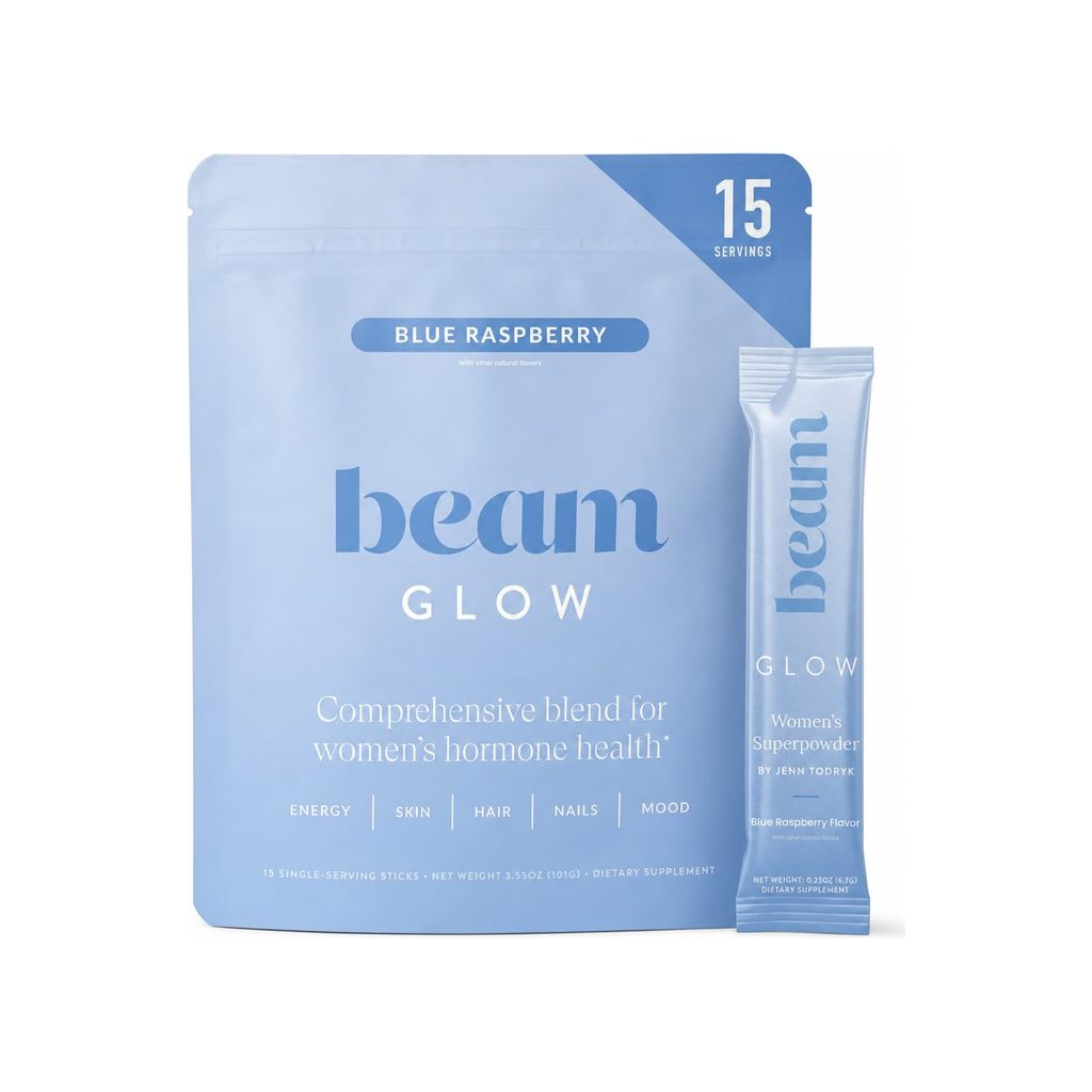Beam Glow Blue Raspberry women's drink mix box with 15 single-serving sticks