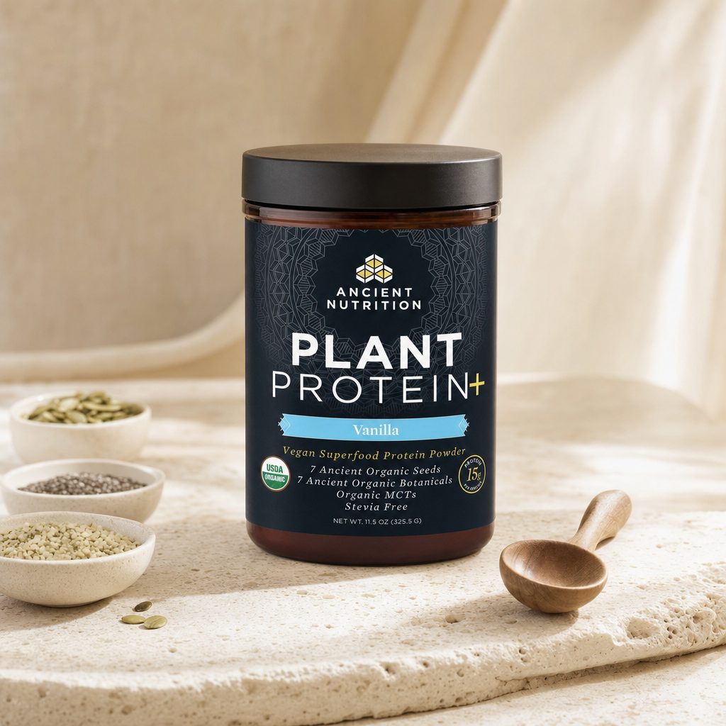 Ancient Nutrition Plant Protein+ Vanilla lifestyle scene with prepared drink