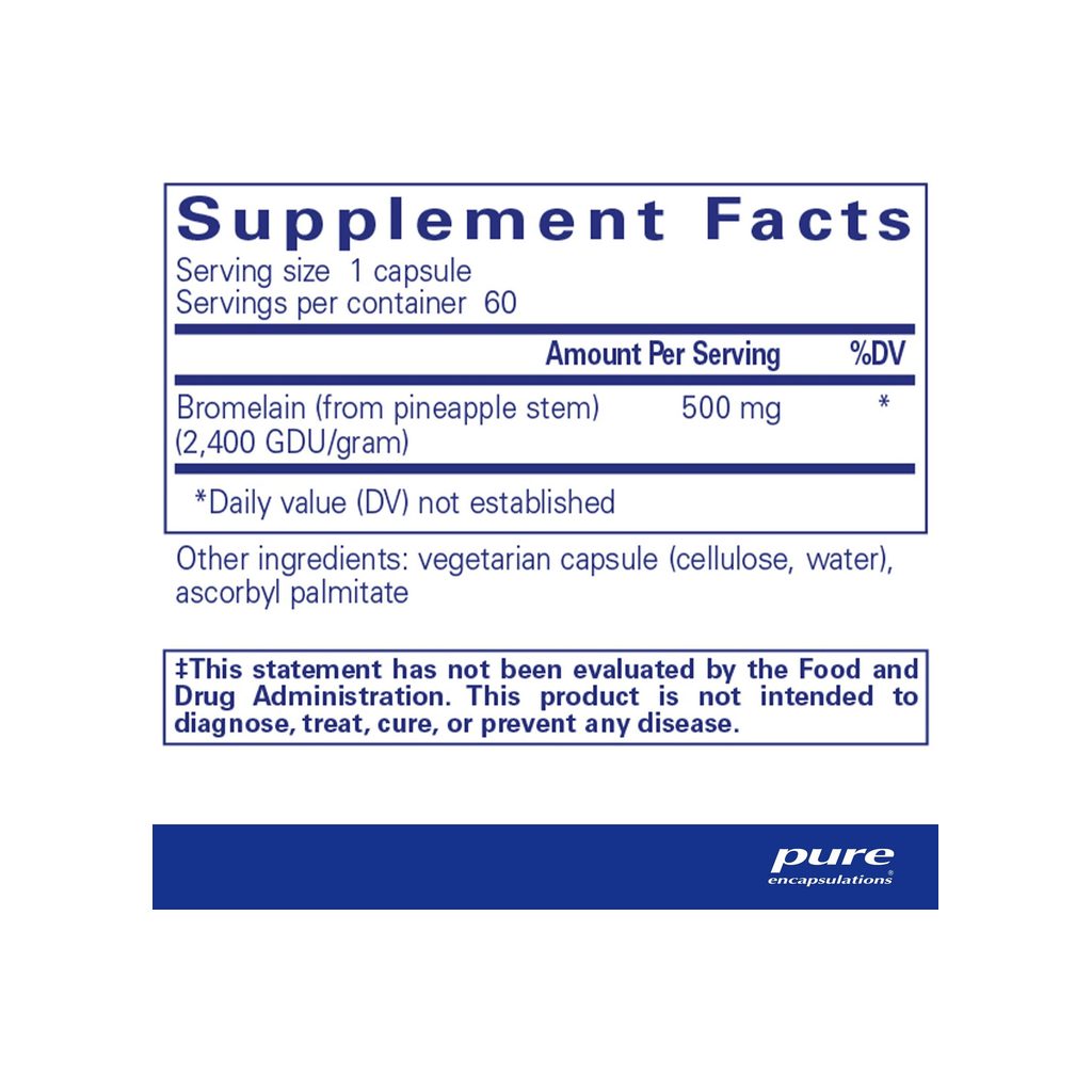 Pure Encapsulations Bromelain 2400 supplement facts panel listing ingredients, dosage, and serving size