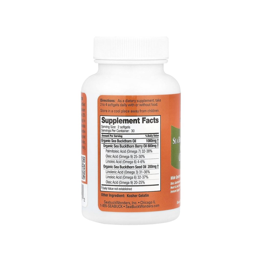SeabuckWonders Omega-7 Complete supplement facts panel listing ingredients, dosage, and serving size