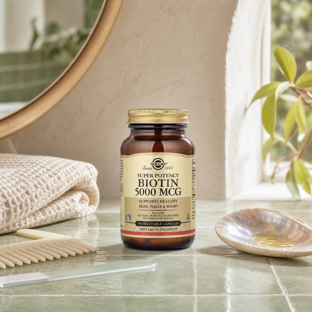 Woman placing Solgar Biotin 5000 mcg 50 Capsules beside a morning wellness routine