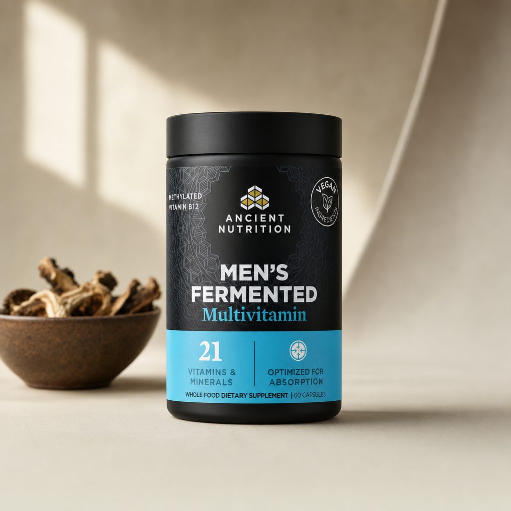 Ancient Nutrition Men's Fermented Multi bottle in a daily wellness routine scene