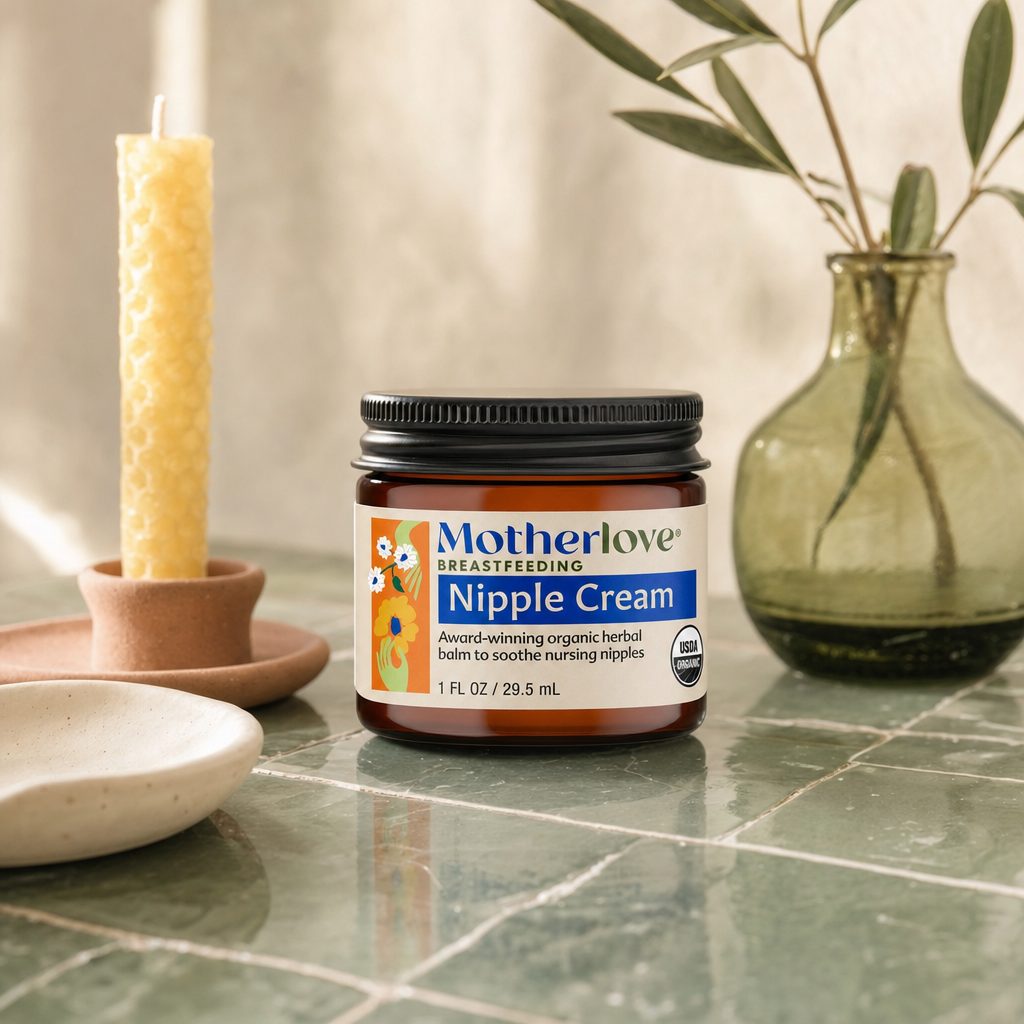 Motherlove Nipple Cream jar with nursing nipple care and pumping comfort callouts