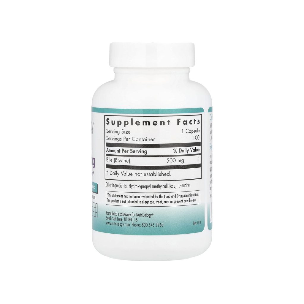 NutriCology Ox Bile 500 mg supplement facts panel listing ingredients, dosage, and serving size