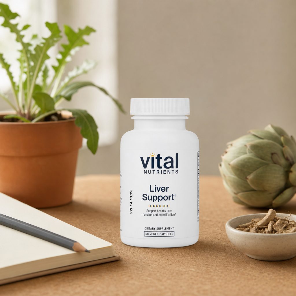 Vital Nutrients Liver Support bottle with liver support benefit callouts