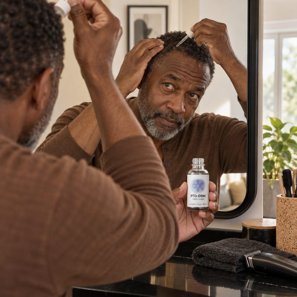 InfiniWell PTD-DBM scalp serum bottle held by a man at a mirror applying it to his scalp with the dropper