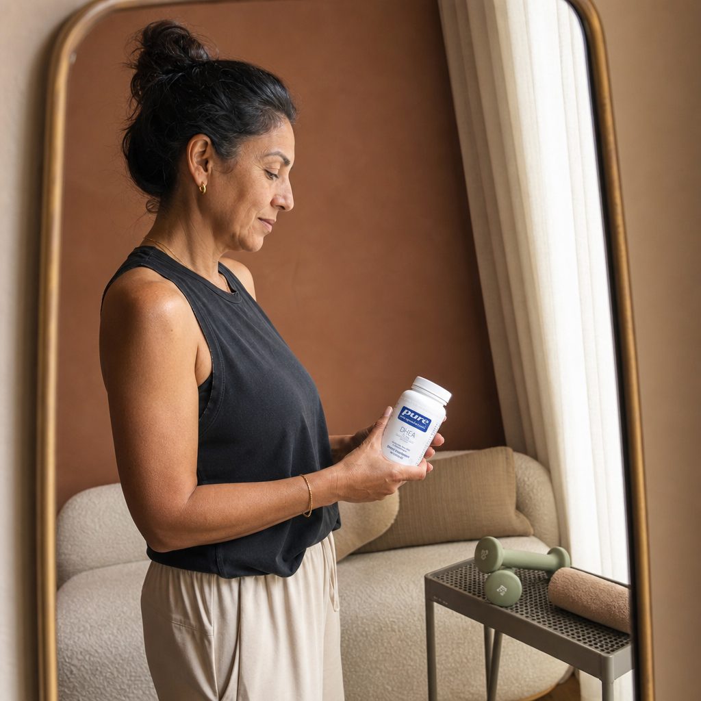Pure Encapsulations DHEA 25 mg bottle beside breakfast plate and glass of water