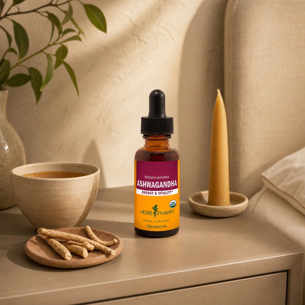 Herb Pharm Ashwagandha 1 oz dropper bottle angled to show side label