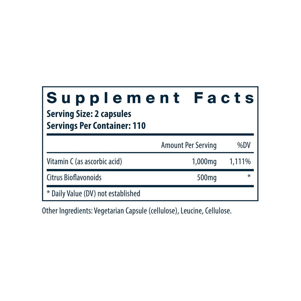 Vital Nutrients Vitamin C with Bioflavonoids supplement facts panel listing dosage and serving size