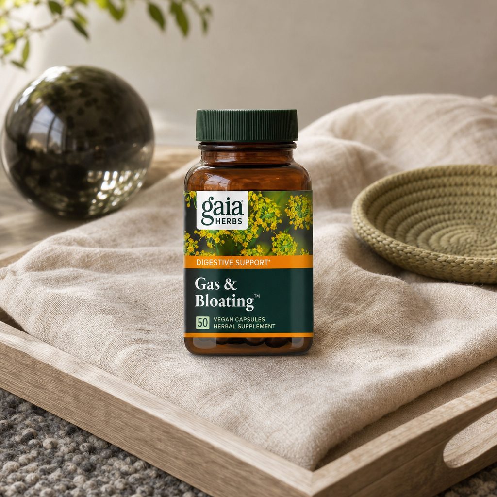 Gaia Herbs Gas & Bloating bottle and capsules displayed in a bright kitchen setting