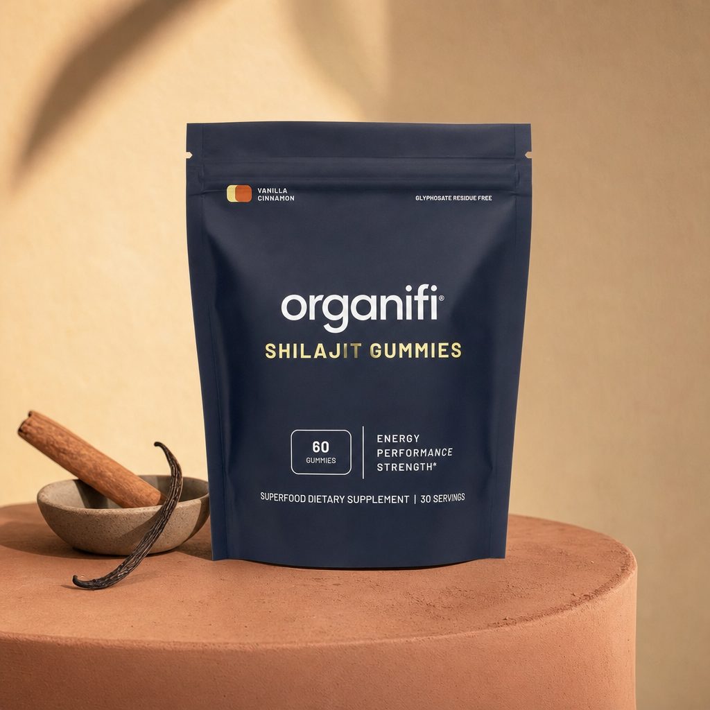 Organifi Shilajit Gummies pouch with chewable gummies displayed beside the package