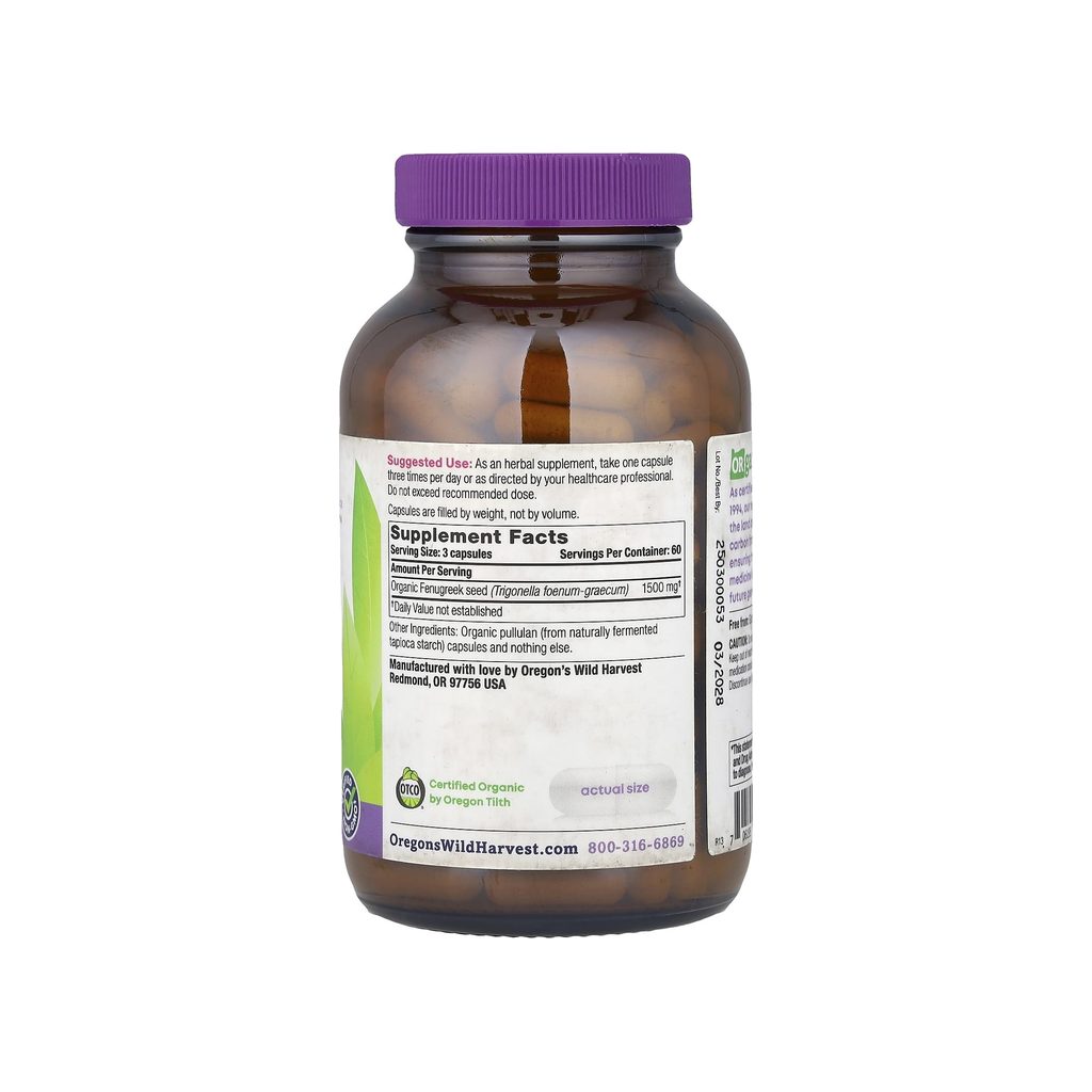 Oregon's Wild Harvest Fenugreek supplement facts panel listing ingredients, dosage, and serving size