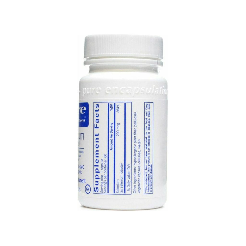 Pure Encapsulations Selenium Citrate 200 mcg supplement facts panel with dosage and ingredients