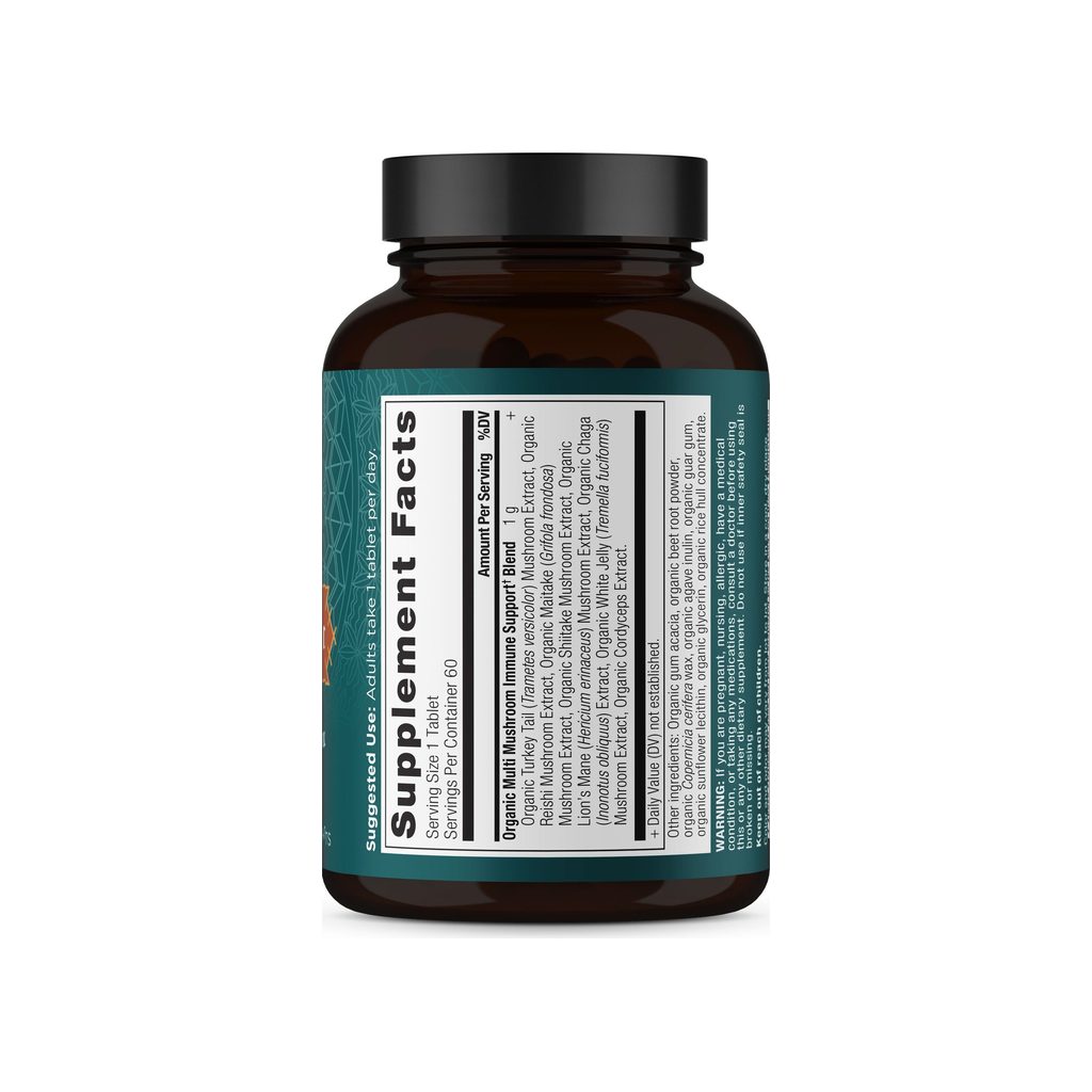 Ancient Nutrition Multi Mushroom Daily Immune Defense supplement facts panel with ingredients and serving size