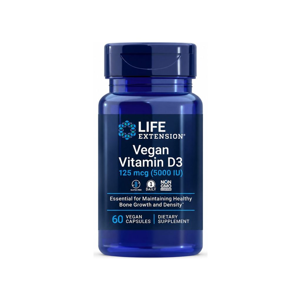 Life Extension Vegan Vitamin D3 5000 IU 60 vegan capsules front bottle with gluten-free and non-GMO badges