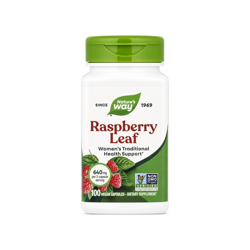 Nature's Way Raspberry Leaf 100 Vegan Capsules front bottle with Non-GMO Project Verified label