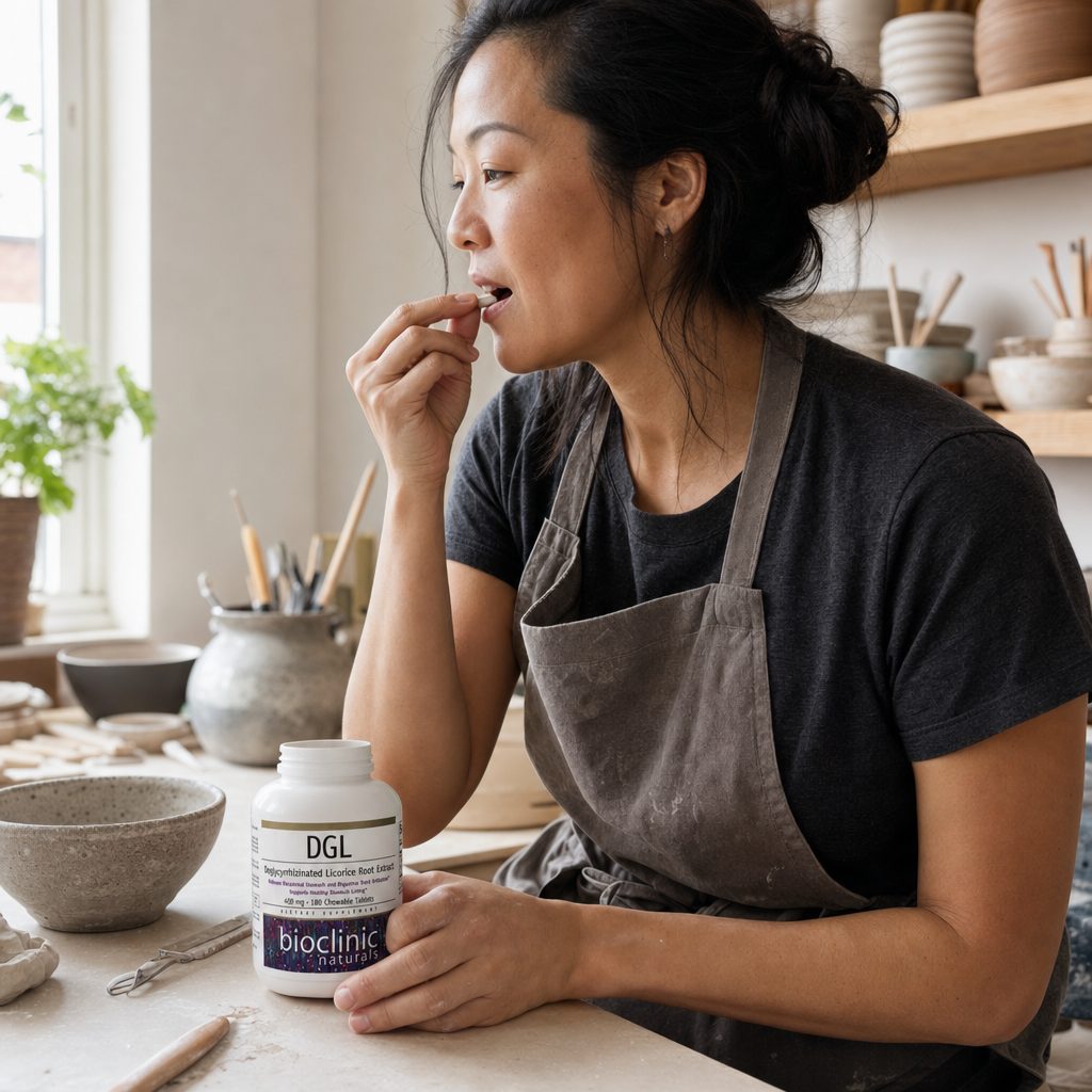 Woman holding Bioclinic Naturals DGL Chewable Tablets with a glass of water nearby