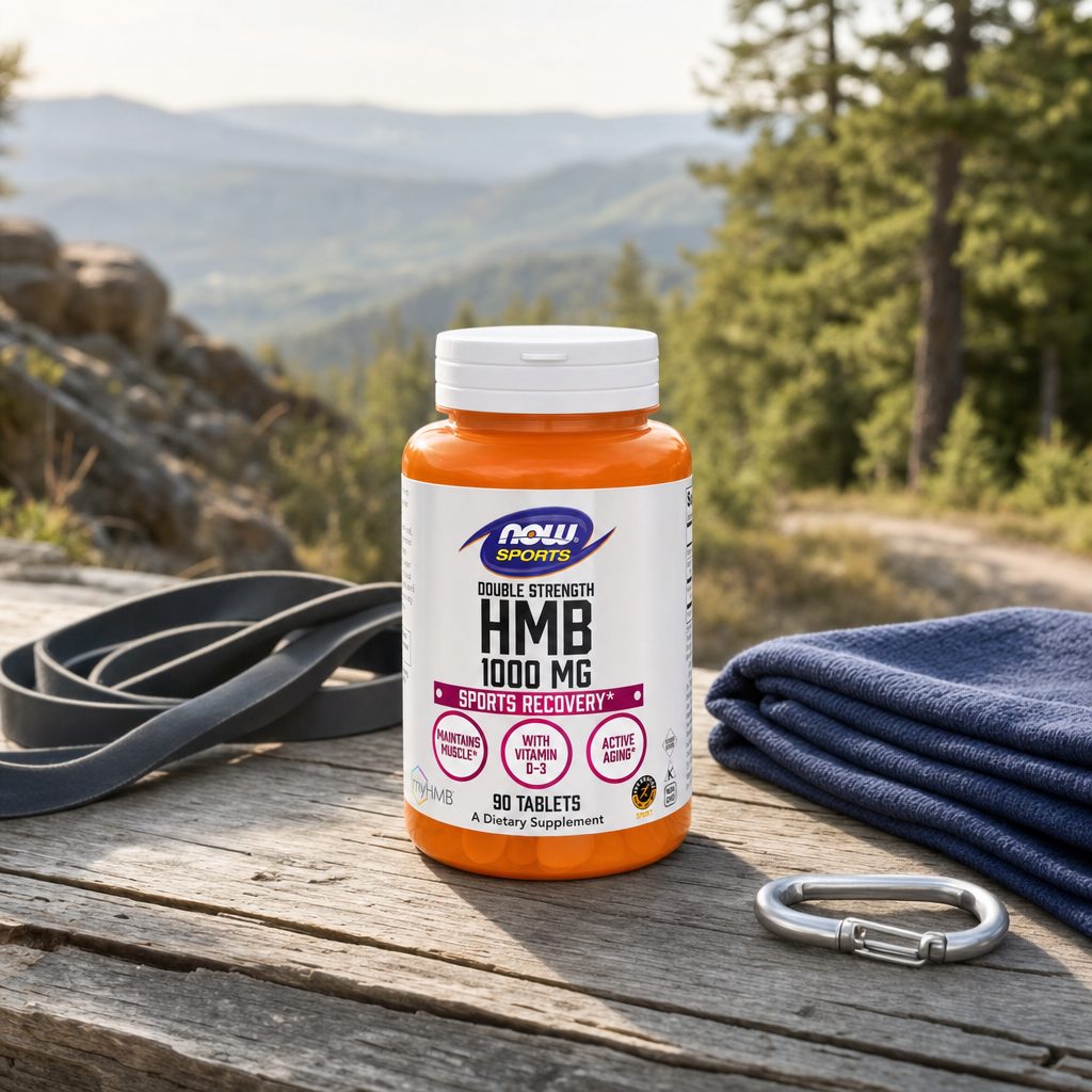 NOW Foods HMB Double Strength Tablets bottle shown with active training gear for recovery support