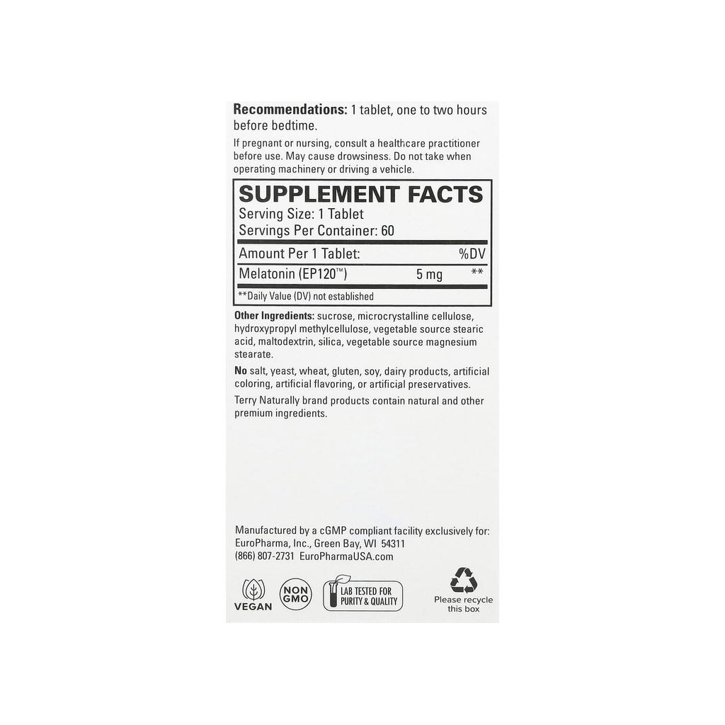Terry Naturally Melatonin EP120 5mg supplement facts panel listing dosage, ingredients, and serving size