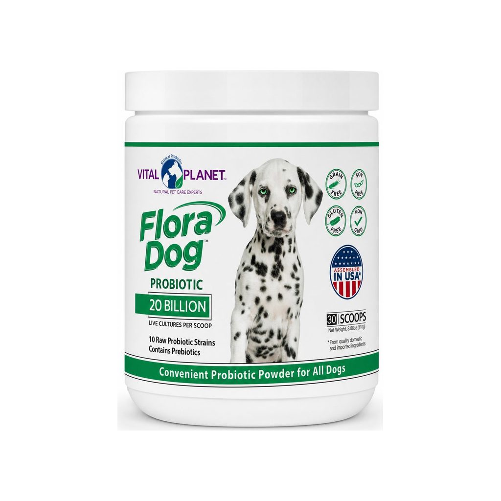 Vital Planet Flora Dog 20 Billion Probiotic Powder front jar with grain free and non GMO badges