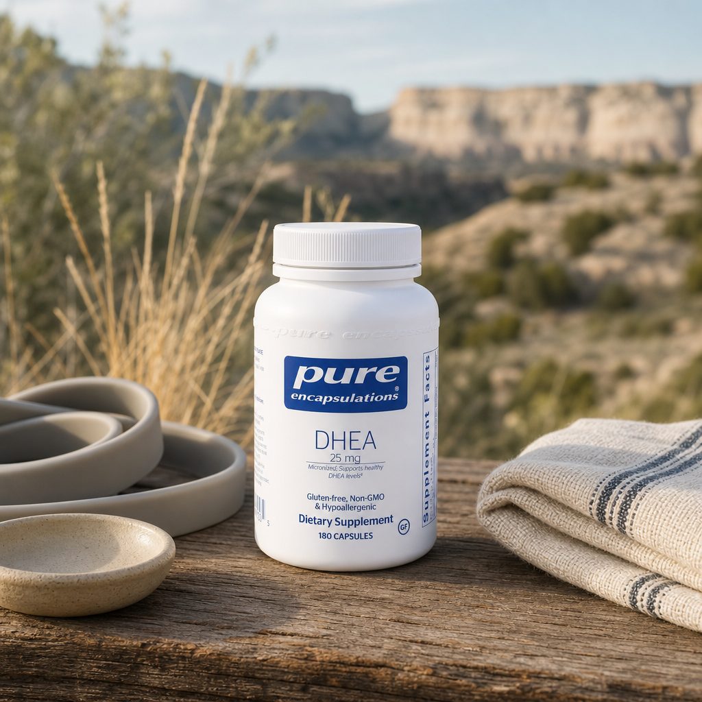 Pure Encapsulations DHEA 25 mg capsules on a kitchen counter with morning supplement routine
