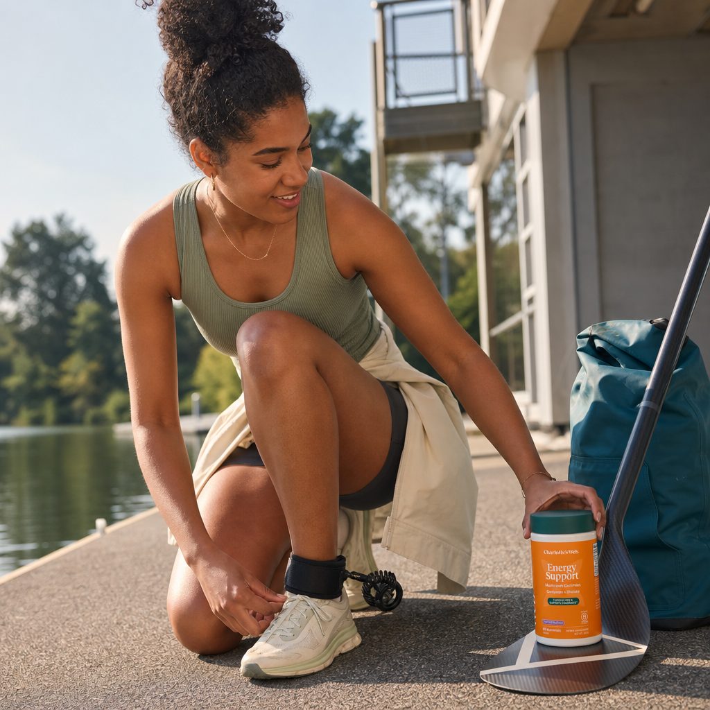 Charlotte's Web Energy Support Mushroom Gummies in a wellness lifestyle scene