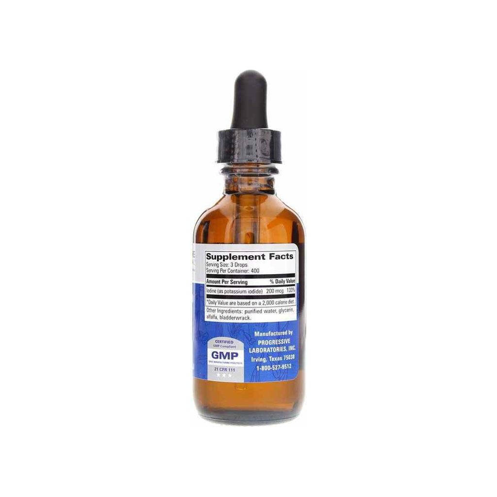 Progressive Labs Organo Iodine Drops supplement facts panel listing dosage and serving size